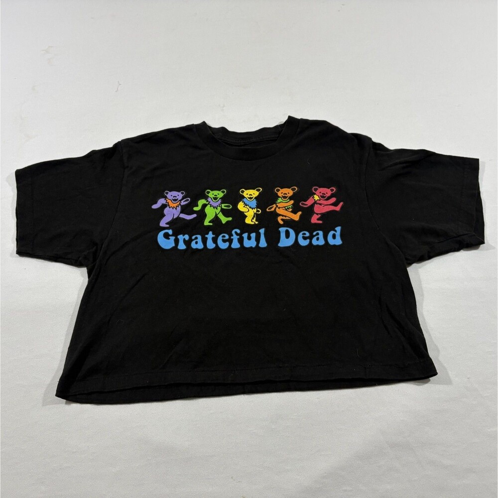 Grateful Dead Rainbow Dancing Bears T-Shirt Womens Short Sleeves Black Crop Sz M